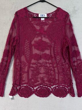 BFA Classics Burgundy Floral Lace Crochet Sheer Top Womens L Whimsygoth